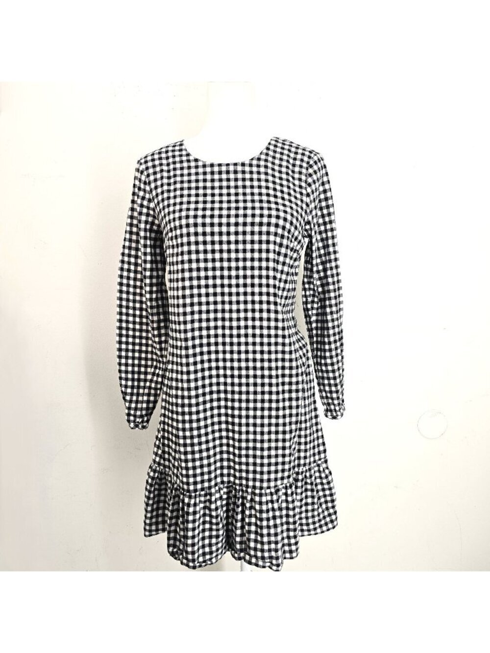 J. Crew Black Crew Neck Long Sleeve Gingham Plaid Ruffle Fleece Dress Women XXS